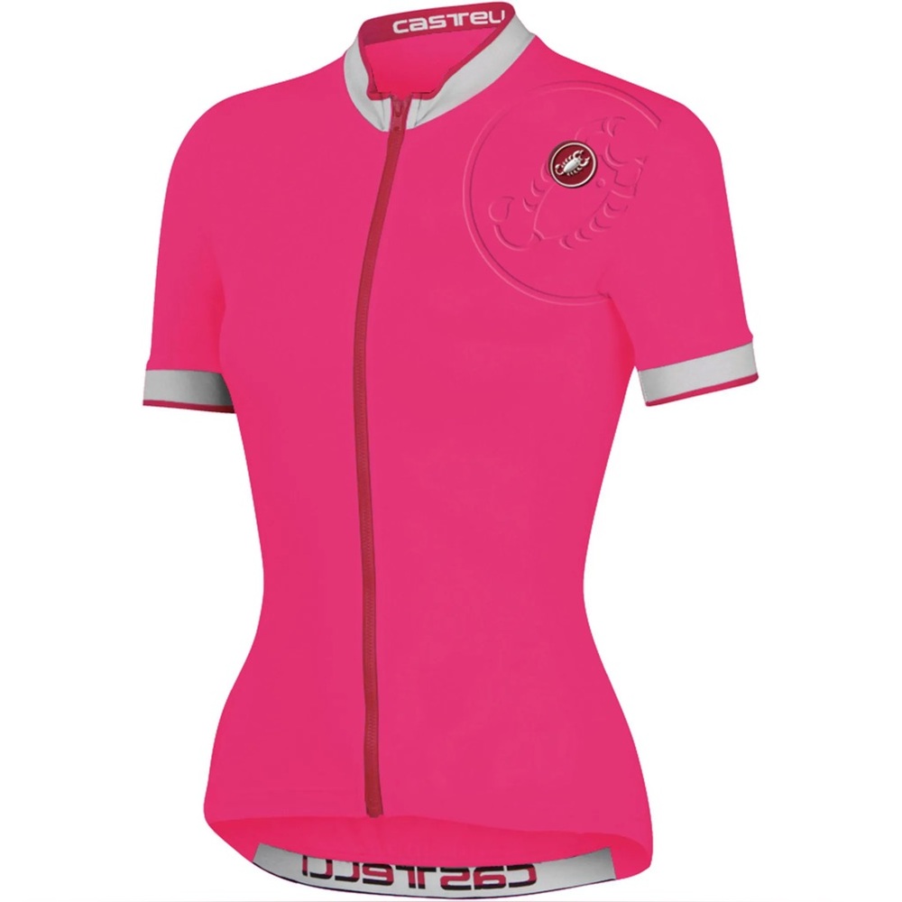 Castelli Perla Cycling Jersey Full Zip Short Sleeves Bright Pink Logo Pocket, L